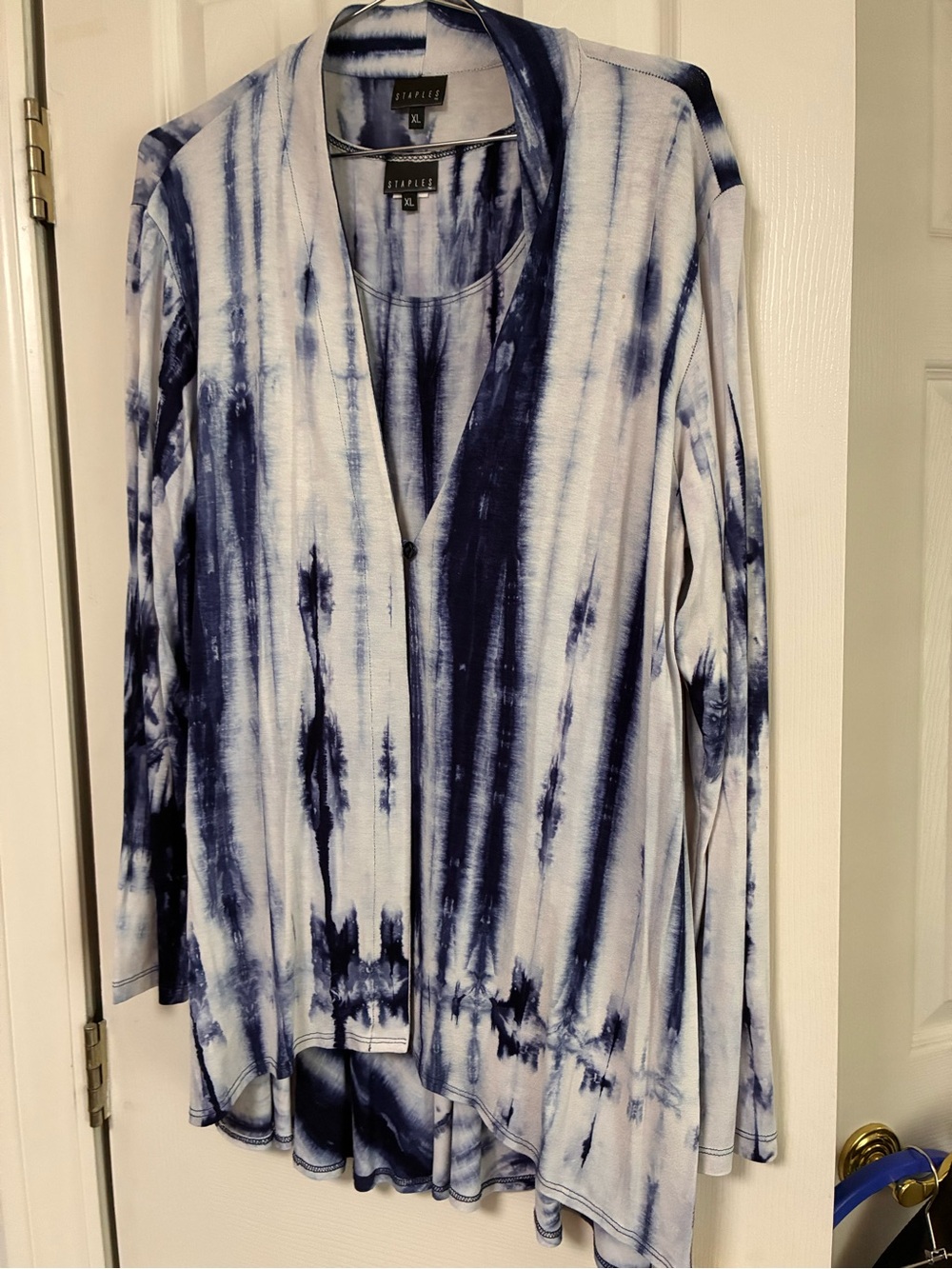 Staple Women's Navy and White Tie-Dye Open Cardigan covering sleeveless top